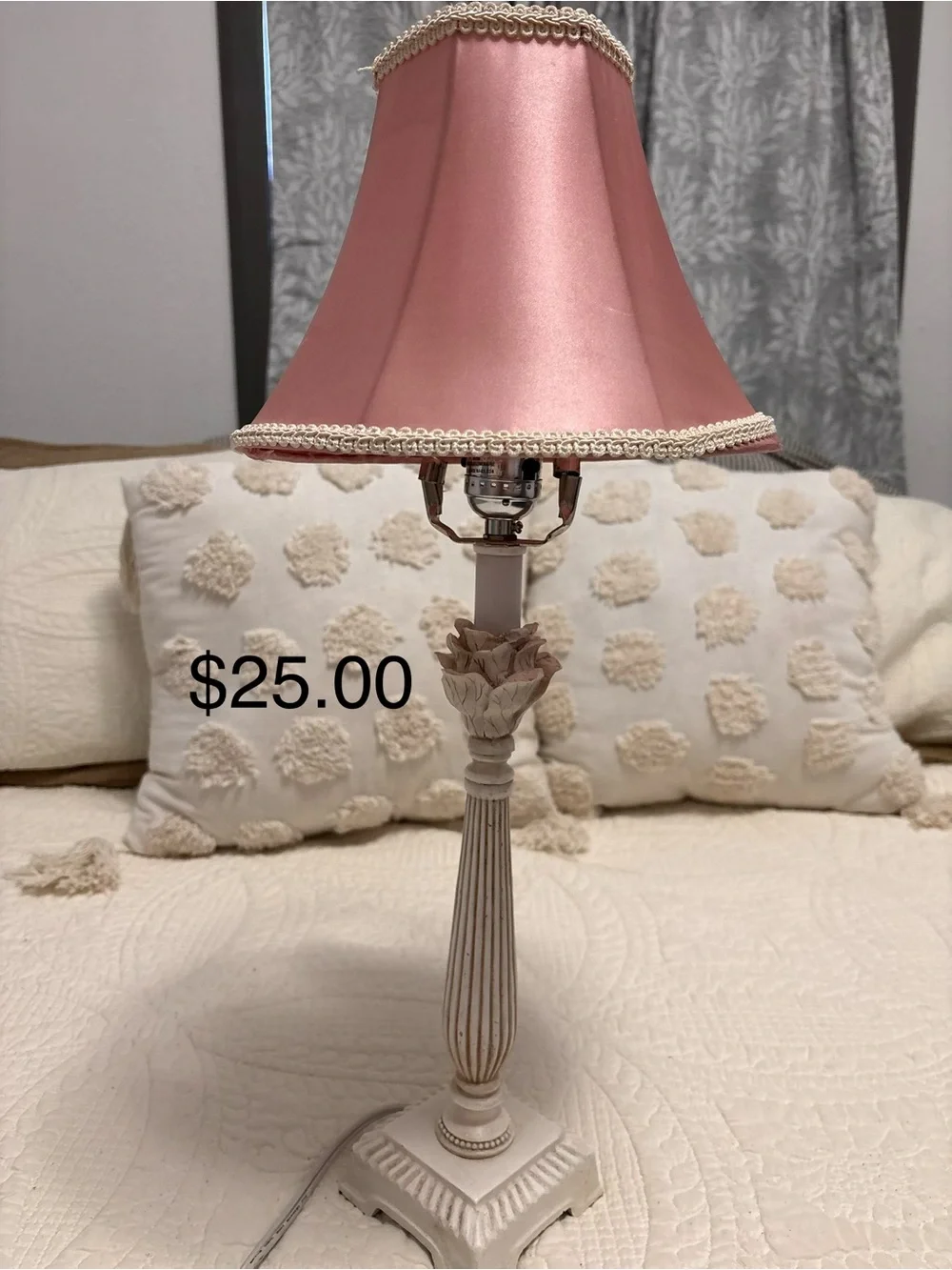 Pink Satin Table Lamp with White Distressed Base
